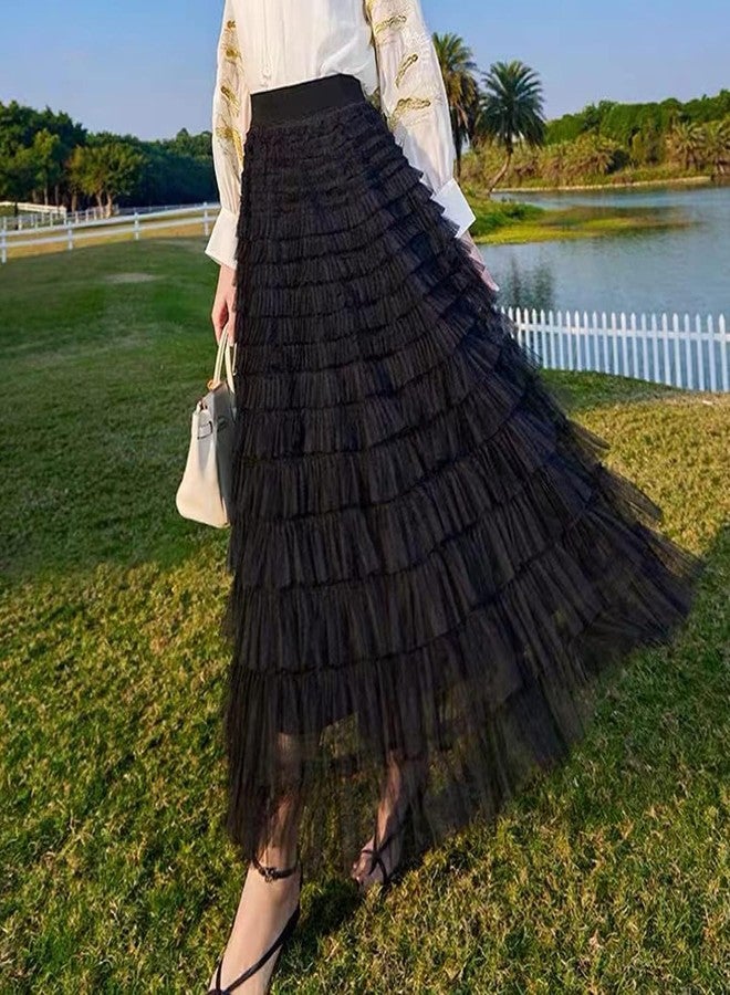 flygo تنورة تول طويلة ماكسي نسائية من فلايغو، بتصميم A-line، مزينة بكشكشة، بخصر عالٍ، متعددة الطبقات، مع تنورة داخلية من التول الشبكي (أسود - مقاس L) - Image 3